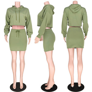 Spring Autumn Two Piece Skirt Set Women Hooded Long Sleeve Sweatshirt Crop Top and Mini Skirt Casual Club 2 Piece Outfits