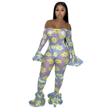 Load image into Gallery viewer, Women Sexy Mesh Jumpsuits Rompers Overalls Long Sleeve Flare Floral Print Off Shoulder Jumpsuit Clubwear Party Bodycon Jumpsuit