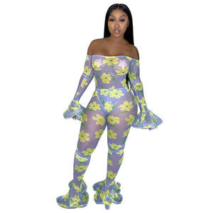 Women Sexy Mesh Jumpsuits Rompers Overalls Long Sleeve Flare Floral Print Off Shoulder Jumpsuit Clubwear Party Bodycon Jumpsuit