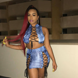 Sexy Lace up Two Piece Sets Women Bodycon Dresses Summer Sleeveless Hollow Out Jeans Crop Top and Skirt Set Party Club Outfit