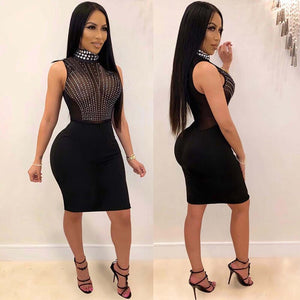 Sheer Mesh Rhinestone Dress Women Elegant Midi Bodycon Party Dress Autumn Summer See Through Glitter Sparkle Sexy Club Dresses