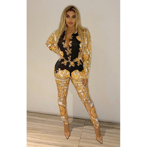 Sexy Two Piece Sets Tracksuit Women Vintage Print Long Sleeve Shirt Tops and Pencil Pants Clubwear 2 Pcs Outfits Sweat Suits