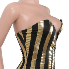 Load image into Gallery viewer, Women Dressy Strapless Jumpsuit Sexy V-Neck High Waist Black Gold Striped Print Wide Leg Pants Romper Party Formal Jumpsuits