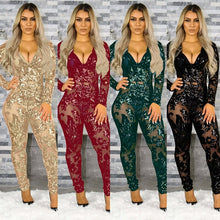 Load image into Gallery viewer, See Through Black Sequin Jumpsuit Women Long Sleeve Sparkly Bodycon Jumpsuits Sexy Rompers Glitter Club Party Jumpsuits Overalls