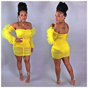 Sexy Bodycon Backless Dress Women Yellow Ruffle Sheer Mesh Long Sleeve Ruched Dress Autumn Elegant Short Party Club Dress Mini