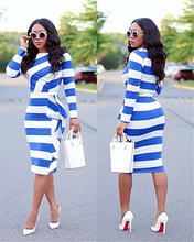 Load image into Gallery viewer, New Striped Print Office Lady Elegant Pencil Dress Women Long Sleeve Draped Sheath Business Work Dress Female Bodycon Midi Dress