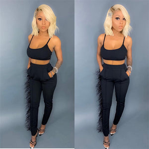 Neon Women Casual Two Piece Set Crop Top and Pants Set Festival Clothing Feather Bodycon 2 Piece Sexy Club Outfits Matching Sets