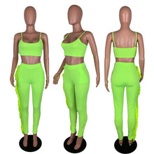 Load image into Gallery viewer, Neon Women Casual Two Piece Set Crop Top and Pants Set Festival Clothing Feather Bodycon 2 Piece Sexy Club Outfits Matching Sets