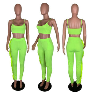 Neon Women Casual Two Piece Set Crop Top and Pants Set Festival Clothing Feather Bodycon 2 Piece Sexy Club Outfits Matching Sets