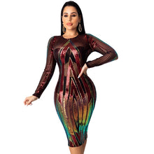 Load image into Gallery viewer, Sexy Sequin Party Dress Women Autumn Winter Evening Bodycon Club Dress Plus Size Transparent Mesh Elegant Party Christmas Dress