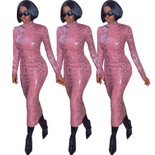 Load image into Gallery viewer, Snakeskin Turtleneck PU Leather Dress Long Sleeve Bodycon Midi Dress Sexy Pink Night Club Party Dress