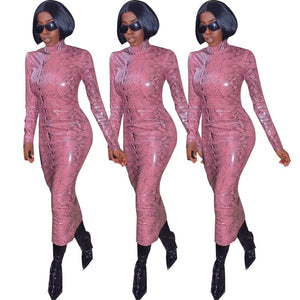 Snakeskin Turtleneck PU Leather Dress Long Sleeve Bodycon Midi Dress Sexy Pink Night Club Party Dress