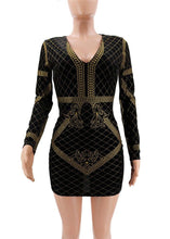 Load image into Gallery viewer, Sexy Elegant Gold Glitter Dress Women Clothes Winter Long Sleeve V Neck Geometric Printed Bodycon Birthday Party Club Dress