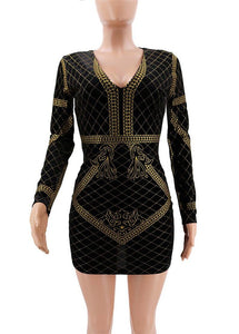 Sexy Elegant Gold Glitter Dress Women Clothes Winter Long Sleeve V Neck Geometric Printed Bodycon Birthday Party Club Dress