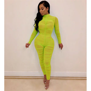 Ruched Mesh Sheer Sexy Bodycon Jumpsuit Women See Through Long Sleeve Party Club Rompers Womens Jumpsuit One Piece Overalls