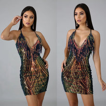 Load image into Gallery viewer, Sexy Backless Sequin Bodycon Dress Deep V Neck Glitter Mini Elegant Dress Autumn Winter Night Club Party Dress