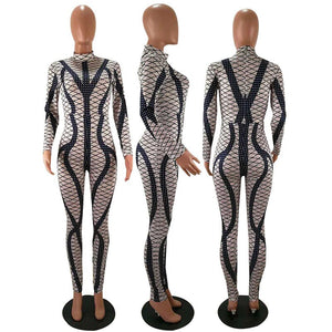 Sexy Printed Jumpsuit Women Turtleneck Bodysuit Long Sleeve Pants Romper Leotard Bandage Bodycon Jumpsuit Catsuit