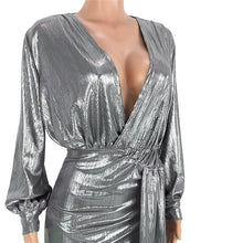 Load image into Gallery viewer, Sexy Silver Long Sleeve Mini Dress New Women Deep V Neck Ruched Night Out Clubwear Metallic Wrap Dress Asymmetrical Club Dresses