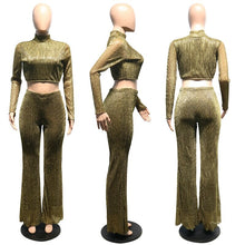 Load image into Gallery viewer, Night Club Party Glitter Two Piece Set Women Mock Neck Crop Top and Flare Pant Sexy 2 Piece Matching Outfits Women Sets Clothes