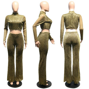 Night Club Party Glitter Two Piece Set Women Mock Neck Crop Top and Flare Pant Sexy 2 Piece Matching Outfits Women Sets Clothes