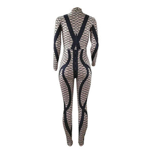 Sexy Printed Jumpsuit Women Turtleneck Bodysuit Long Sleeve Pants Romper Leotard Bandage Bodycon Jumpsuit Catsuit