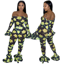 Load image into Gallery viewer, Women Sexy Mesh Jumpsuits Rompers Overalls Long Sleeve Flare Floral Print Off Shoulder Jumpsuit Clubwear Party Bodycon Jumpsuit