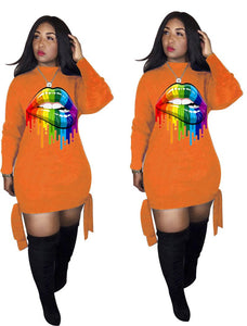 Colorful Lip Print T Shirt Dress Women Long Sleeve Lace Up Mini Dress Ladies Streetwear Night Party Sexy Club Dresses Vestidos