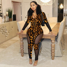 Load image into Gallery viewer, Leopard Bodycon Sexy Jumpsuits Mesh Patchwork Tights Zip Long Sleeve Party Romper Fall Autumn Jumpsuit Overalls