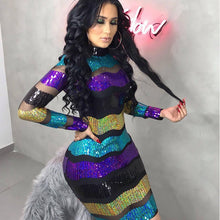 Load image into Gallery viewer, Sexy Mesh Sheer Striped Sequin Dress Women Turtleneck Long Sleeve Bodycon Mini Dress Elegant Club Sparkly Party Dresses Vestidos