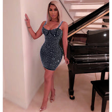 Load image into Gallery viewer, Sparkly Rhinestone Sexy Night Club Party Dress Women Spaghetti Strap Backless Bodycon Mini Dress Elegant Festival Glitter Dress