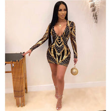 Load image into Gallery viewer, Autumn Women Sequin Dress Long Sleeve Elegant Bodycon Party Dress Sheath Deep V Neck Gold Glitter Backless Short Mini Club Dress