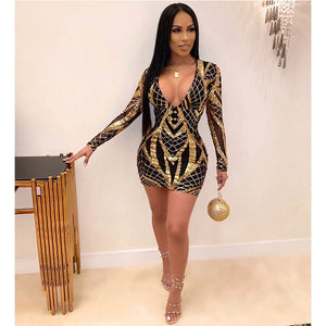 Autumn Women Sequin Dress Long Sleeve Elegant Bodycon Party Dress Sheath Deep V Neck Gold Glitter Backless Short Mini Club Dress