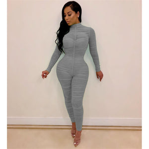 Ruched Mesh Sheer Sexy Bodycon Jumpsuit Women See Through Long Sleeve Party Club Rompers Womens Jumpsuit One Piece Overalls