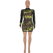 Load image into Gallery viewer, Scrawl Letter Mesh Sheer Mini Club Dress Women Long Sleeve Sexy Bodycon Dress See-through Night Party Dresses Vestido De Festa