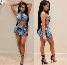 Load image into Gallery viewer, Sexy Lace up Two Piece Sets Women Bodycon Dresses Summer Sleeveless Hollow Out Jeans Crop Top and Skirt Set Party Club Outfit