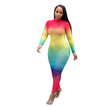 Load image into Gallery viewer, Rainbow Tie Dye Sheer Mesh Bodycon Maxi Dress Women Fall Long Sleeve See Through Bandage Dress Sexy Night Club Party Long Dress