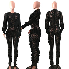 Load image into Gallery viewer, Long Sleeve Sexy Sheer Black Lace Jumpsuit Bodysuit Women See Through Ruffle Party Club Wear One Piece Bodycon Jumpsuit Rompers