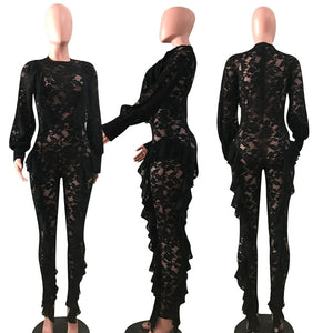 Long Sleeve Sexy Sheer Black Lace Jumpsuit Bodysuit Women See Through Ruffle Party Club Wear One Piece Bodycon Jumpsuit Rompers