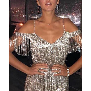 Sequin Tassel Fringe Dress Women Sparkly Cold shoulder Backless Sexy Bodycon Mini Dress Elegant Glitter Short Party Club Dress