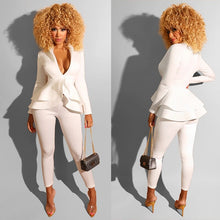 Load image into Gallery viewer, Ruffle Sexy Two Piece Pants Set Women Outfits White Blazer Jacket Top and Pants Suit Set Elegant 2 Piece Women Suits Office Sets