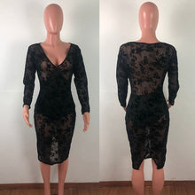 Load image into Gallery viewer, Elegant Black Lace Dress Women Sexy Midi Bodycon Party Dress Long Sleeve V Neck Split See Through Sheer Mesh Bodycon Club Dress