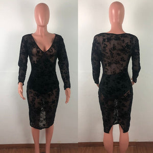 Elegant Black Lace Dress Women Sexy Midi Bodycon Party Dress Long Sleeve V Neck Split See Through Sheer Mesh Bodycon Club Dress