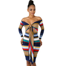 Load image into Gallery viewer, Knot Striped Ribbed Off The Shoulder Dress Women Long Sleeve High Waist Hollow Out Front Party Club Wear Sexy Bodycon Dress