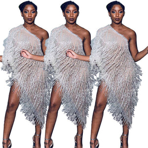 Elegant One Shoulder Celebrity Evening Runway Party Dress Women Fringe Tassels Asymmetrical Club Dress Robe Vestidos De Fiesta