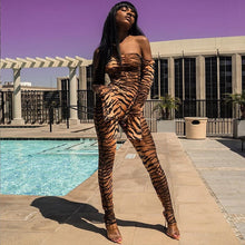 Load image into Gallery viewer, Bandage Bodycon Sexy Jumpsuit Women Off Shoulder Sheer Mesh Animal Print Jumpsuit Long Sleeve Sexy Party Club Romper Overalls