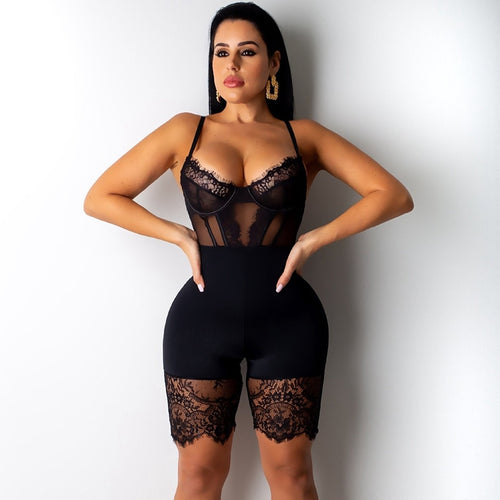 Sexy Lace Bodysuit Women Backless Romper Black Bodycon Jumpsuit Overalls Elegant Skinny Party Club Bodysuit Short Playsuit