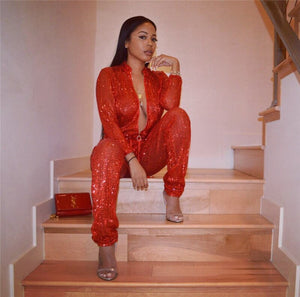 Long Sleeve Sequin Jumpsuit Women Spring Autumn Front Zipper Drawstring Waist Clubwear Long Pants Romper Sparkly Party Jumpsuits