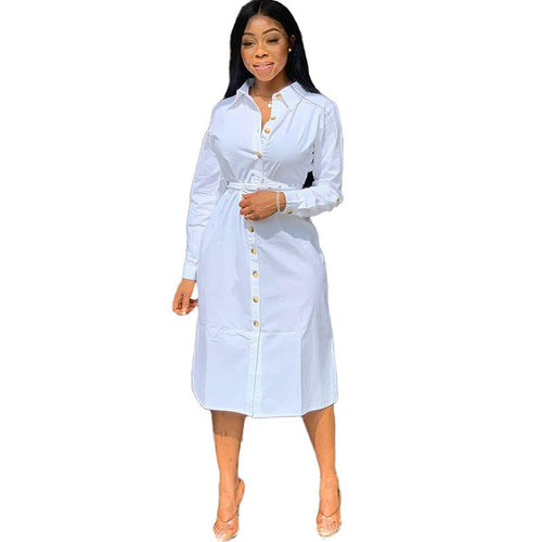 White Shirt Dress Women Button-up Knee-length Long Sleeve Shift Dress Office Lady Loose Casual Tunic Basic Dresses