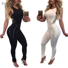 Load image into Gallery viewer, Lace up Bodycon Jumpsuit Women Sleeveless Long Pants Romper One Piece Bandage Jumpsuits White Black Rompers Womens Jumpsuit