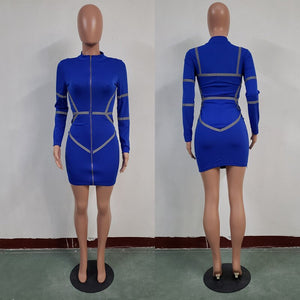 Zipper Front Long Sleeve Sexy Bodycon Dress Women Autumn Winter Reflective Bandage Party Dresses Female Mini Night Club Dress